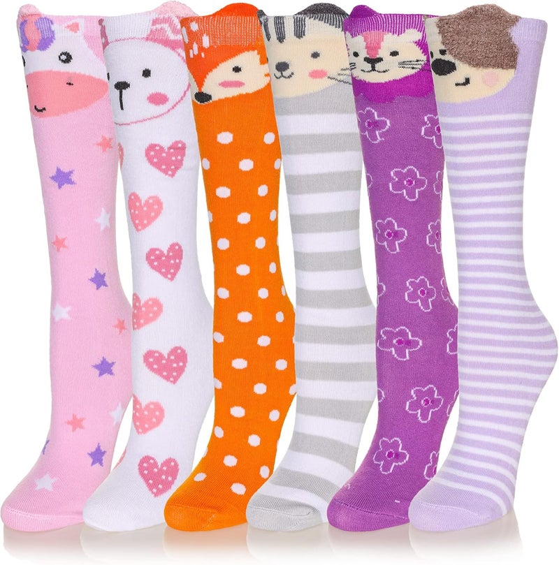 Eocom Girls Knee High Socks Kids Crazy Fun Gift Silly Tall Boot Cute Animal Cotton Long Socks 6 Pairs - Image 1
